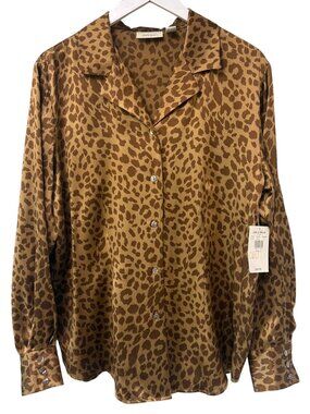 Lord & Taylor Silk Blouse Womens Size 10 Brown Leopard Satin Button Up NWT